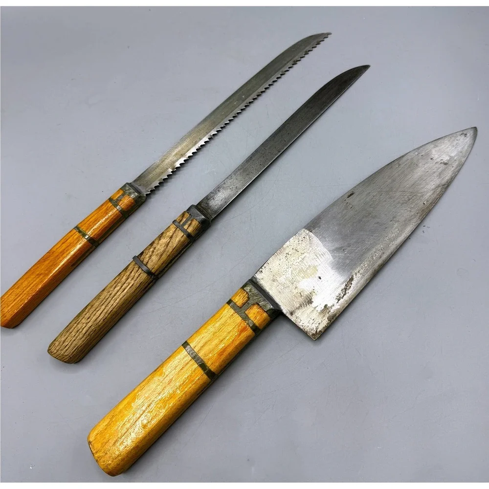 Johnson Handmade Knives Vintage 3pc Set Carbon Steel Wood Folk Art Scabbard